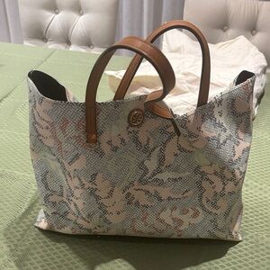 Tory Burch Multicolor Snake-Print Tote with Tan Leather Handles